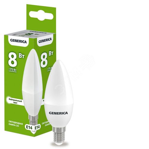 Лампа светодиодная C35 свеча 8Вт 230В 4000К E14 GENERICA