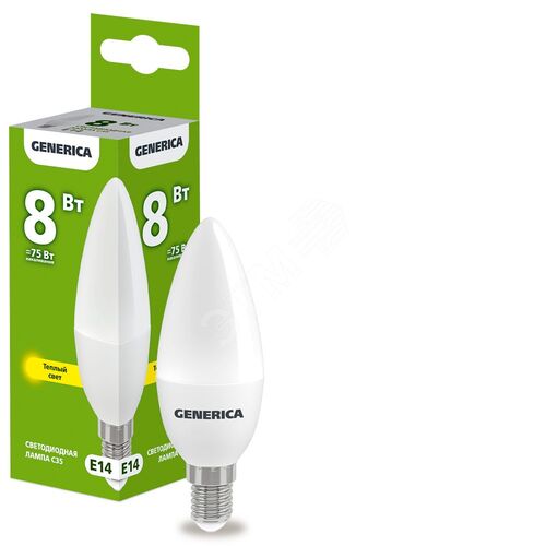 Лампа светодиодная C35 свеча 8Вт 230В 3000К E14 GENERICA