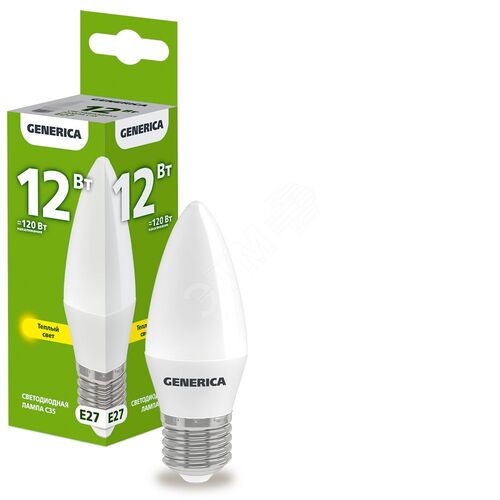 Лампа светодиодная C35 свеча 12Вт 230В 3000К E27 GENERICA