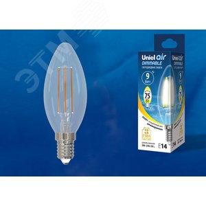 Лампа светодиодная LED-C35-9W/3000K/E14/CL/DIM GLA01TR диммируемая форма ''свеча'' прозрачная Air теплый (3000K) картон