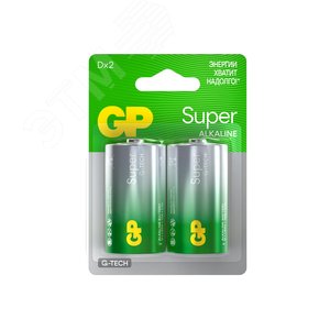 Батарейка алкалиновая GP Super Alkaline G-Tech 13А типоразмера D - 2 шт. на блистере