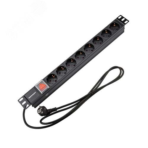 Блок розеток PDU горизонтальный 1U 8 розеток СЕЕ 7/4 Schuko 16A с выключателем шнур 2м вилка СЕЕ 7/7 Schuko черный