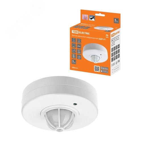 Датчик движения потолочный ДДП-01, мощность 1100 Вт,время отключения от 5 до 480 секунд, дальность обнаружения от 2 до 8 метров, чувствительность от 5 Лк, угол обзора 120 градусов сбоку и 360 градусов сверху, IP33