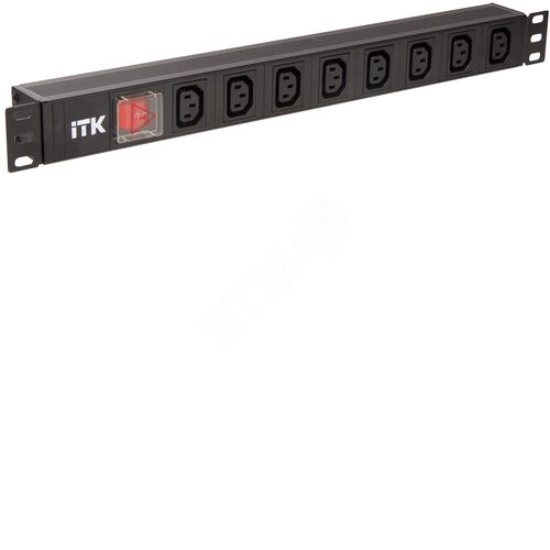 PDU 8 розеток C13 с LED выключателем,1U, вх. С14, без шнура, алюминиевый профиль
