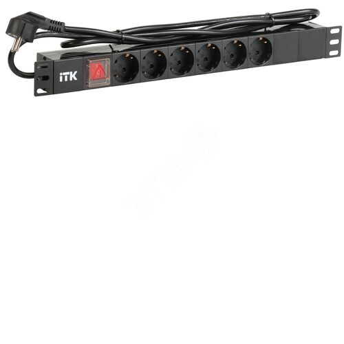 PDU 6 розеток DIN49440 (нем. станд.) с LED выключателем, 1U, шнур 2м вилка DIN49441 (нем. станд.), профиль из ПВХ, черный