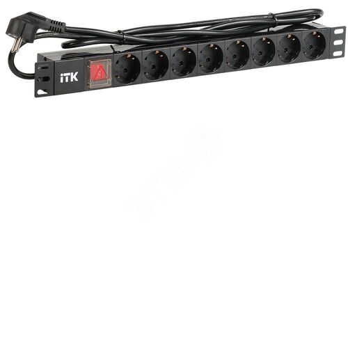 PDU 8 розеток DIN49440 (нем. станд.) с LED выключателем, 1U, шнур 2м вилка DIN49441 (нем. станд.), профиль из ПВХ, черный