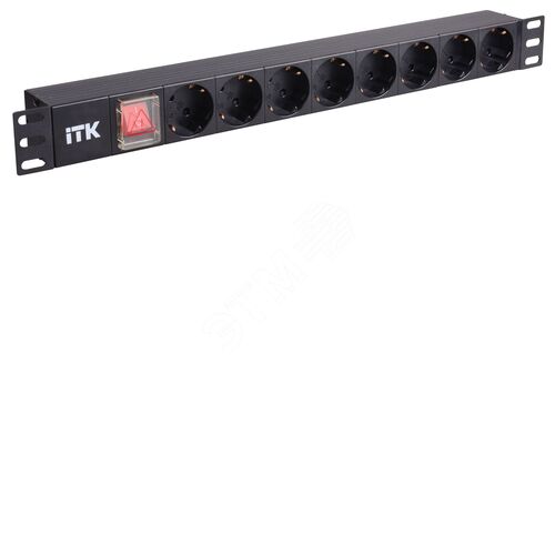 PDU 8 розеток нем. стандарт, с LED выключателем,1U, без шнура, вх. C14, алюминиевый профиль