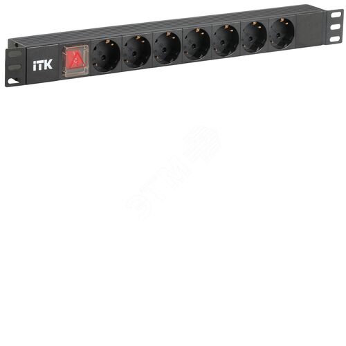 PDU 7 розеток нем. стандарт, с LED выключателем,1U, без шнура, вх. C14, алюминиевый профиль