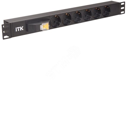 PDU 6 розеток DIN49440 (нем. станд.), с автоматом на 10А, 1U, без шнура, вх. IEC320 C14, алюминиевый профиль, черный