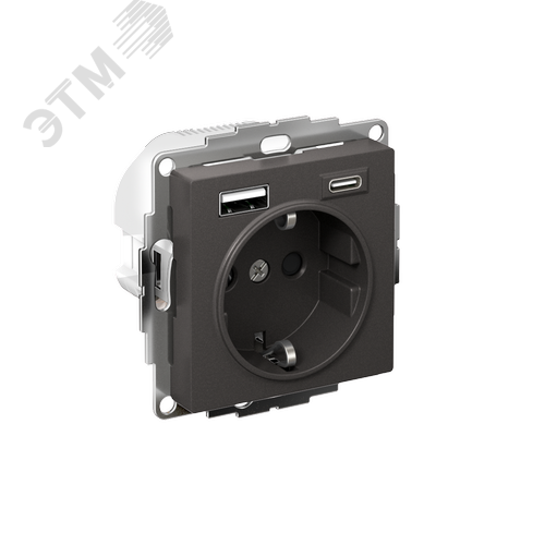 ATLASDESIGN РОЗЕТКА 16А с 2 USB A+C, 5В/2,4А/3,0А, 2х5В/1,5А, механизм, БАЗАЛЬТ