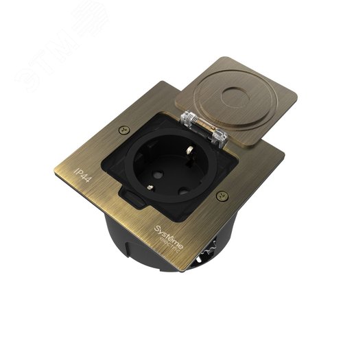 Лючок MultiDeS с розеткой 2К+З 16А/250В IP44 с монтажной коробкой для стены фальшпола стола Античная латунь тип MDK21