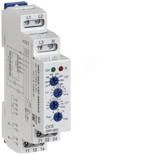 Реле контроля фаз ORF-06D 3 фазы 2 контакта 127-265В AC с контролем нейтрали