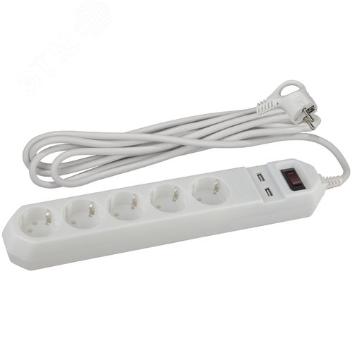 Фильтр сетевой 5х1,5м 2хUSB 10А с/з с выключателем белый