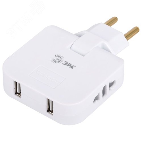 Тройник электрический поворотный на 2 розетки + 2USB 10А белый SPF-2-FL-USB