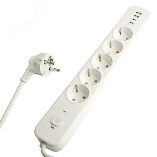 Фильтр сетевой 5-местный с/з 3x1 мм2 5 м 250 В 16 А 2 USB-A+2 Type-C 3 белый HM21-51-05