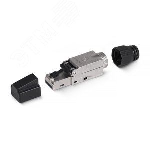 Коннектор с фиксатором кабеля и колпачком RJ-45(8P8C) под витую пару, категория до 6a, экранированный, для одножильного кабеля, для толстых жил 1.35-1.5 мм(с оболочкой), со вставкой