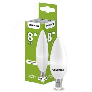 Лампа светодиодная C35 свеча 8Вт 230В 4000К E14 GENERICA