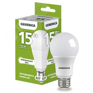 Лампа светодиодная A60 груша 15Вт 230В 4000К E27 GENERICA