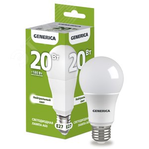 Лампа светодиодная A60 груша 20Вт 230В 4000К E27 GENERICA