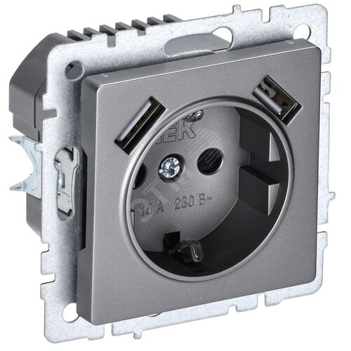 BRITE Розетка 1-местная с заземлением с защитными шторками 16А с USB A+A 5В 2,1А РЮш10-1-БрС сталь