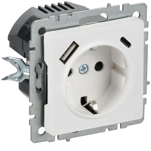 BRITE Розетка 1-местная с заземлением с защитными шторками 16А с USB A+C 18Вт РЮш11-1-БрАБ арктический белый