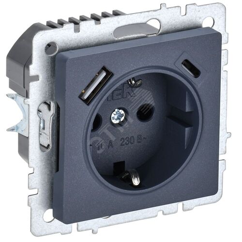 BRITE Розетка 1-местная с заземлением с защитными шторками 16А с USB A+C 18Вт РЮш11-1-БрМ маренго