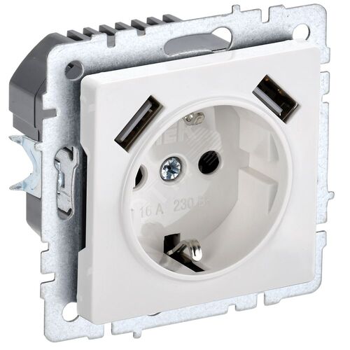 BRITE Розетка 1-местная с заземлением с защитными шторками 16А с USB A+A 5В 2,1А РЮш10-1-БрБ белый
