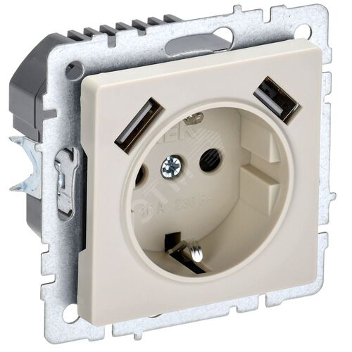 BRITE Розетка 1-местная с заземлением с защитными шторками 16А с USB A+A 5В 2,1А РЮш10-1-БрКр бежевый