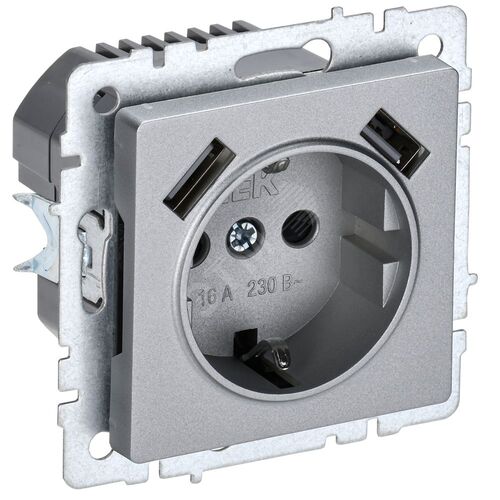 BRITE Розетка 1-местная с заземлением с защитными шторками 16А с USB A+A 5В 2,1А РЮш10-1-БрА алюминий