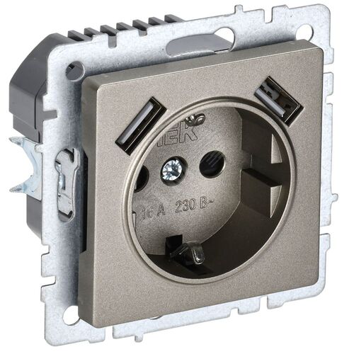 BRITE Розетка 1-местная с заземлением с защитными шторками 16А с USB A+A 5В 2,1А РЮш10-1-БрШ шампань