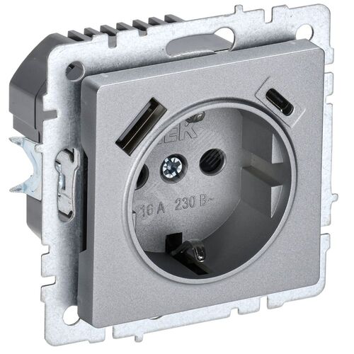 BRITE Розетка 1-местная с заземлением с защитными шторками 16А с USB A+C 18Вт РЮш11-1-БрА алюминий