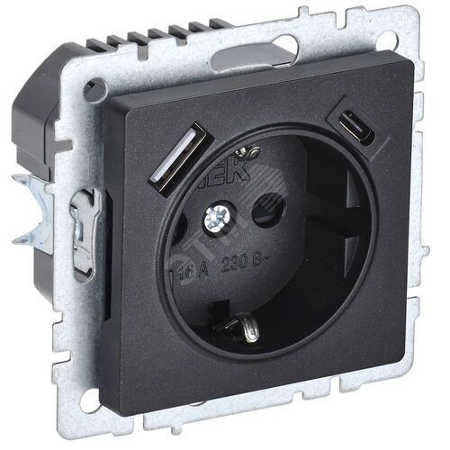 BRITE Розетка 1-местная с заземлением с защитными шторками 16А с USB A+C 18Вт РЮш11-1-БрЧ черный