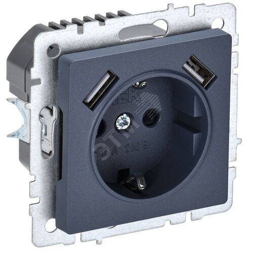 BRITE Розетка 1-местная с заземлением с защитными шторками 16А с USB A+A 5В 2,1А РЮш10-1-БрМ маренго