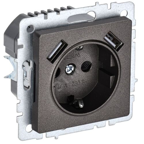 BRITE Розетка 1-местная с заземлением с защитными шторками 16А с USB A+A 5В 2,1А РЮш10-1-БрТБ темная бронза
