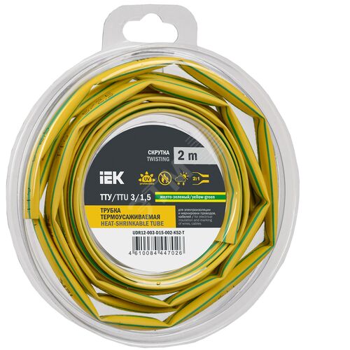Трубка термоусадочная ТТУ нг-LS 3/1,5 желто-зеленая (2м/упак) IEK