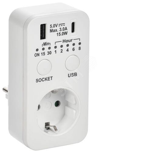 РТЭ-4 Розетка-таймер электронный с USB A+C 15мин-8ч 16А IP20 белый