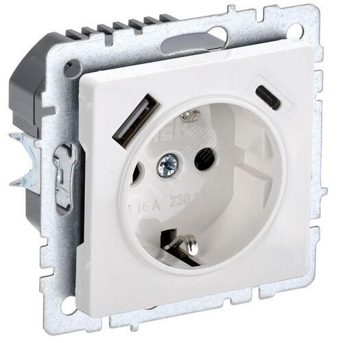 BRITE Розетка 1-местная с заземлением с защитными шторками 16А с USB A+C 18Вт РЮш11-1-БрБ белый