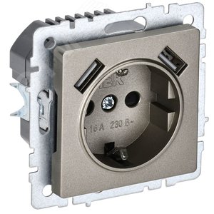 BRITE Розетка с заземлением с защитными шторками 16А с USB A+A 2,1А РЮш10-1-БрШ шампань