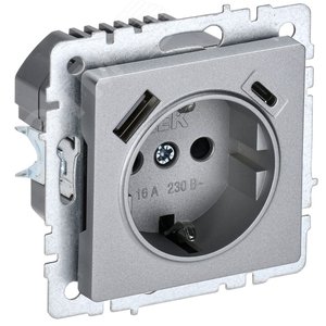 BRITE Розетка с заземлением с защитными шторками 16А с USB A+C 18Вт РЮш11-1-БрА алюминий