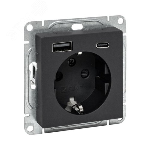 Механизм розетки с USB-A+С - 2шт, 16А, с заземлением, со шторками, чёрный Эпика EKF