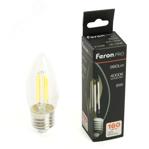 Лампа светодиодная LED 6вт Е27 белый свеча FILAMENT .PRO